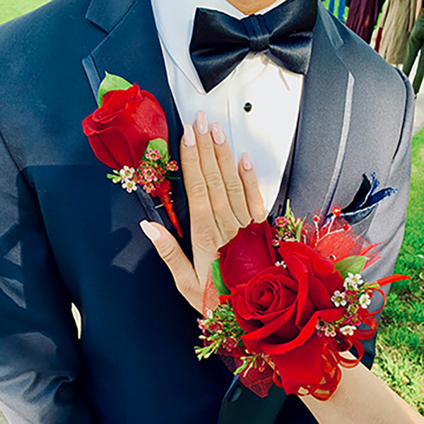 Roses and Waxflower Corsage, Boutonniere or Set - Ace of Vase Roses and Waxflower Corsage, Boutonniere or Set - Ace of Vase