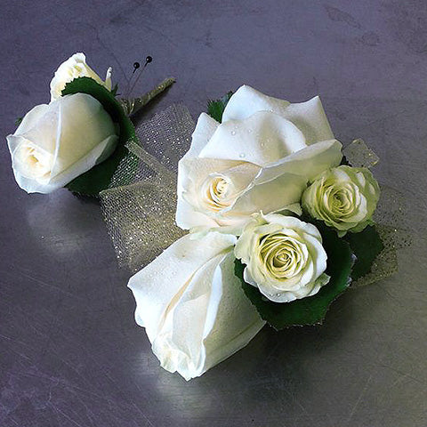 Roses w/Gold Sparkle Wrist Corsage, Boutonniere or Set