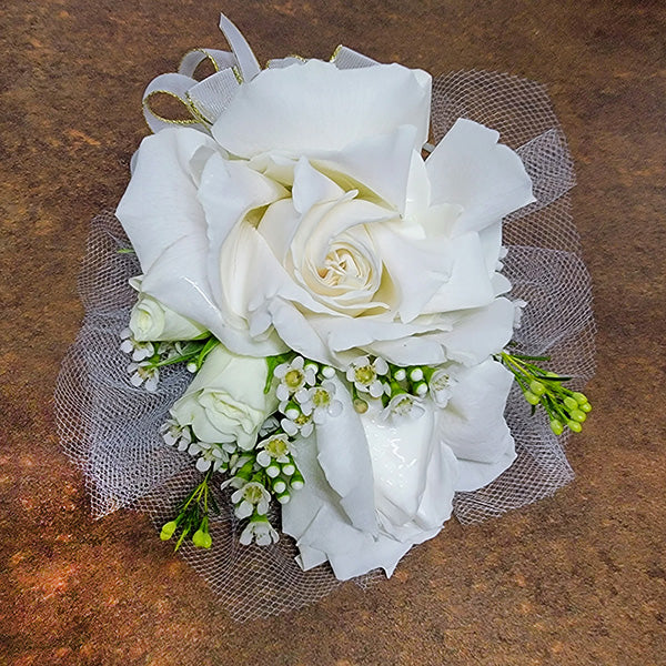 Double White Rose &amp; Baby Roses Corsage, Boutonniere, or Set
